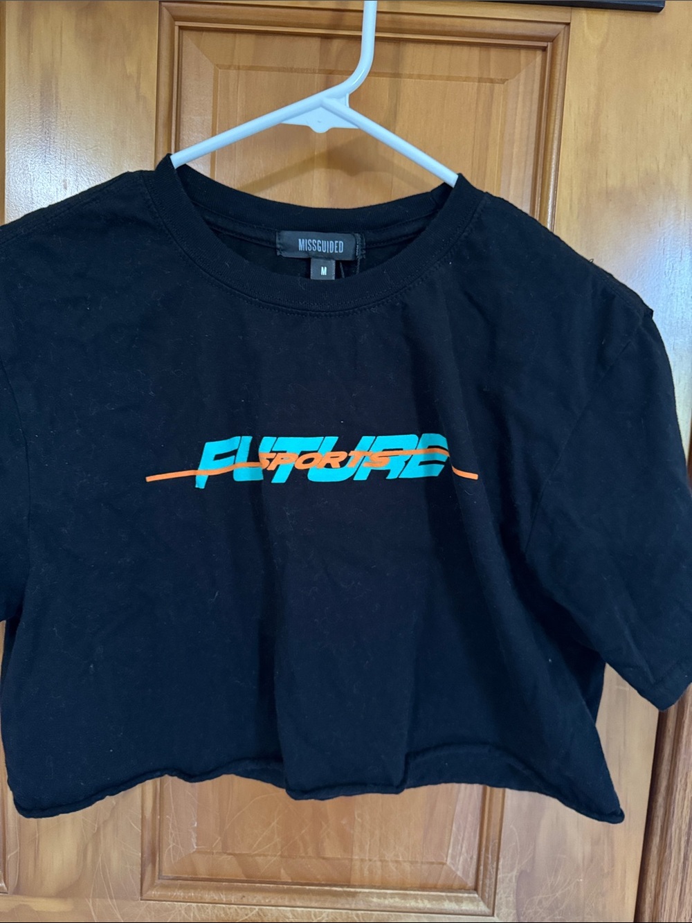 Missguided Black Cropped Tee with Blue & Orange Graphic